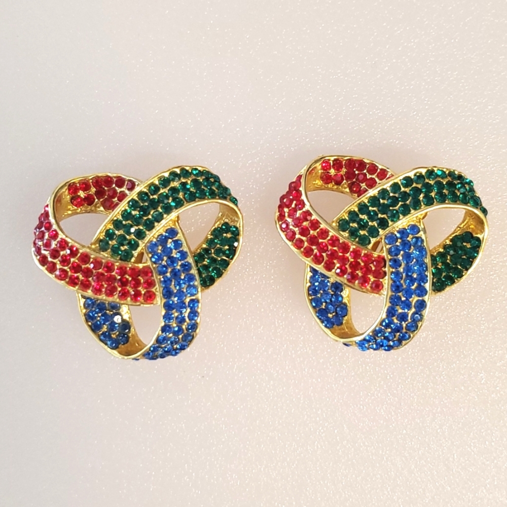 Red blue and green rhinestones gold tone knot design clip on Vintage